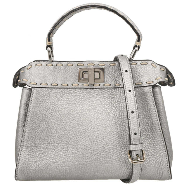 Fendi Metallic Silver Leather Peekaboo 2way Handbag 8BN244