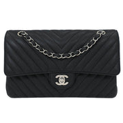Chanel Black Calfskin Chevron Medium Classic Double Flap Shoulder Bag 115673