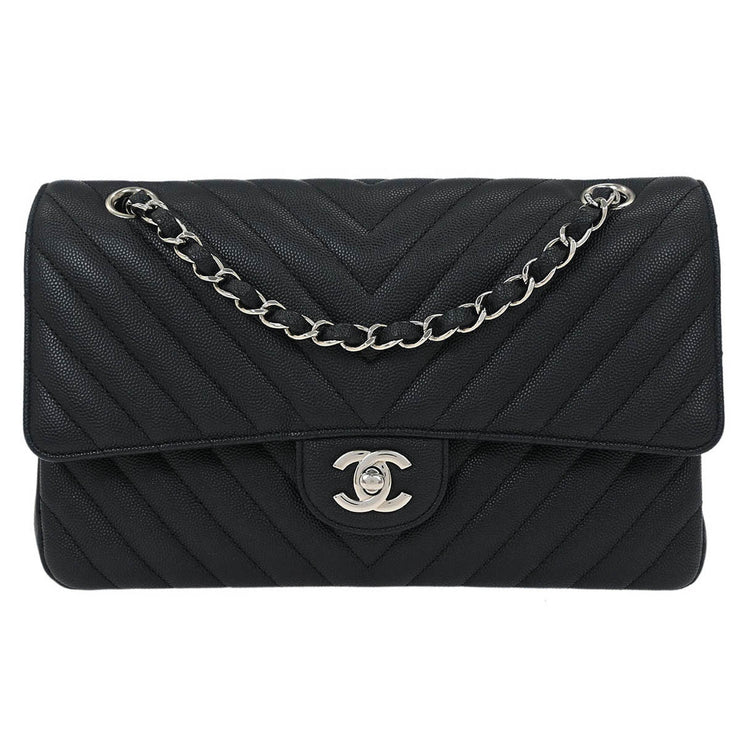Chanel Black Calfskin Chevron Medium Classic Double Flap Shoulder Bag 115673