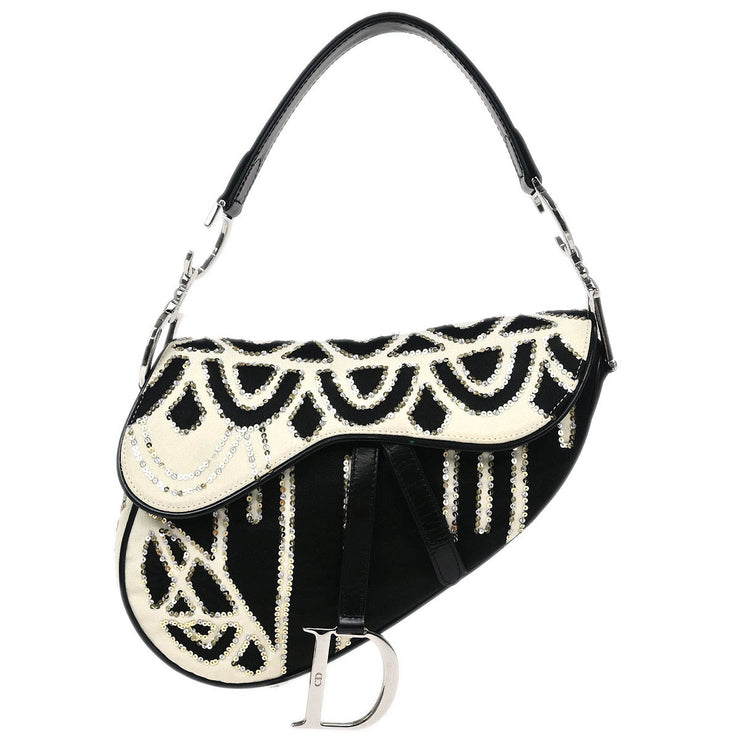 Christian Dior Black White Satin Sequins Saddle Handbag 00RU0093 115877