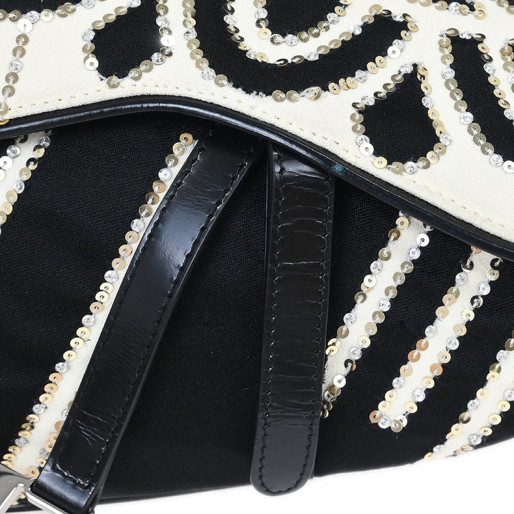 Christian Dior Black White Satin Sequins Saddle Handbag 00RU0093 115877