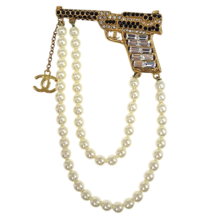 Chanel Gun Brooch Pin Rhinestone Artificial Pearl Gold 01A 115909