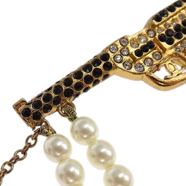 Chanel Gun Brooch Pin Rhinestone Artificial Pearl Gold 01A 115909