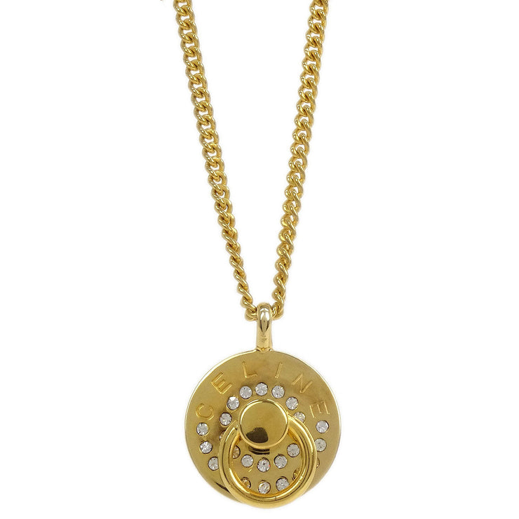 Celine Gold Chain Pendant Medallion Round Circle Necklace Rhinestone 89 116024