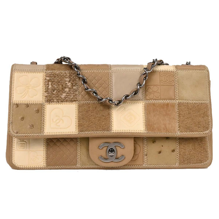 Chanel * Brown Mixed Material Patchwork Single Flap Bag Medium 124990