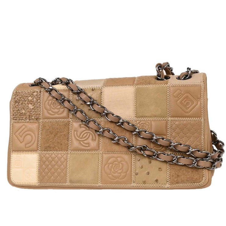 Chanel * Brown Mixed Material Patchwork Single Flap Bag Medium 124990