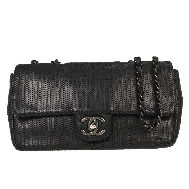 Chanel Black Lambskin Laser Cut Single Flap Shoulder Bag 125089