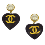 Chanel Artificial Pearl Dangle Earrings Clip-On Gold Black Heart 28 125116