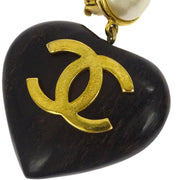 Chanel Artificial Pearl Dangle Earrings Clip-On Gold Black Heart 28 125116