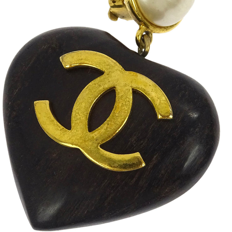 Chanel Artificial Pearl Dangle Earrings Clip-On Gold Black Heart 28 125116