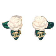 Chanel Gold White Camellia Earrings Clip-On 04A 125124