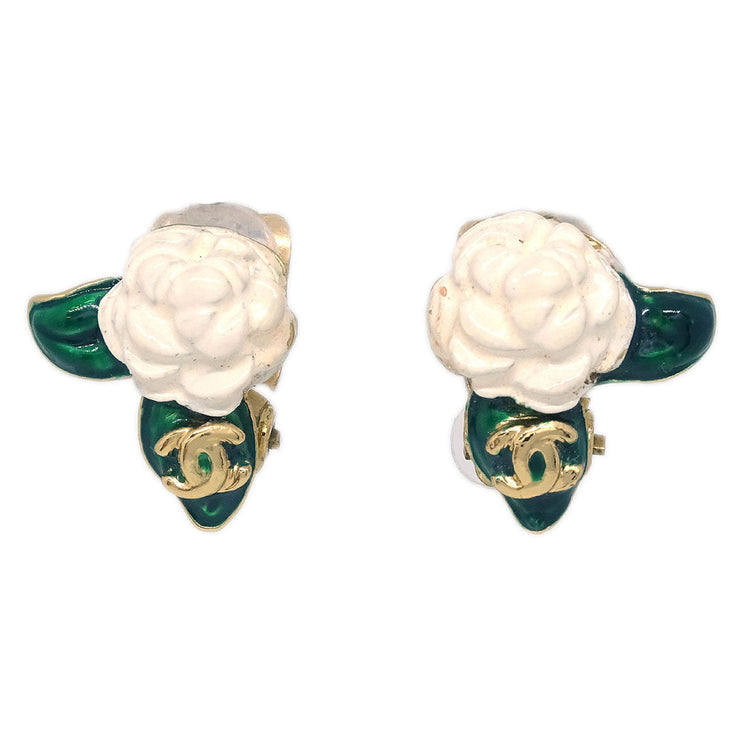 Chanel Gold White Camellia Earrings Clip-On 04A 125124