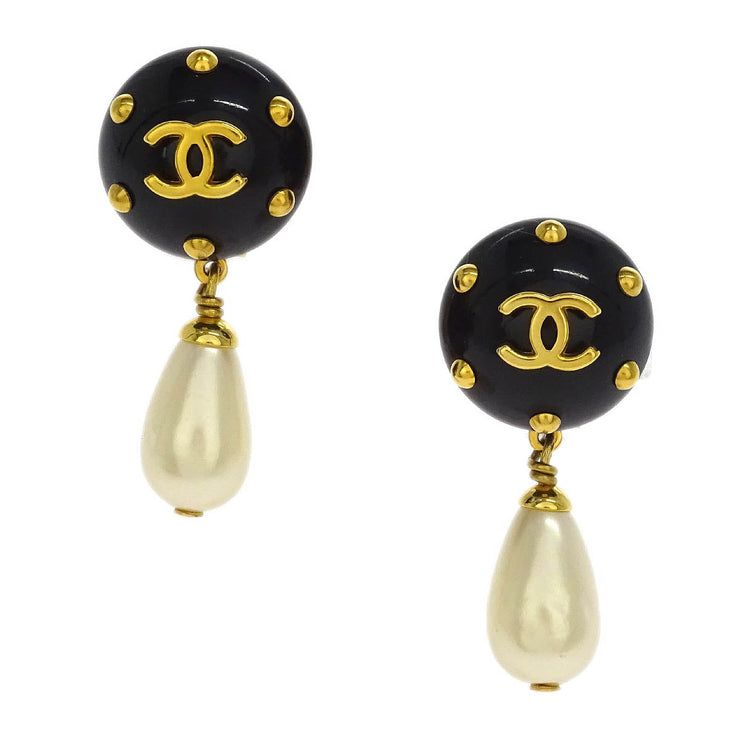 Chanel Artificial Pearl Dangle Earrings Clip-On Gold Black 96C 125133