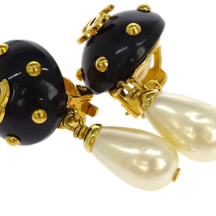 Chanel Artificial Pearl Dangle Earrings Clip-On Gold Black 96C 125133
