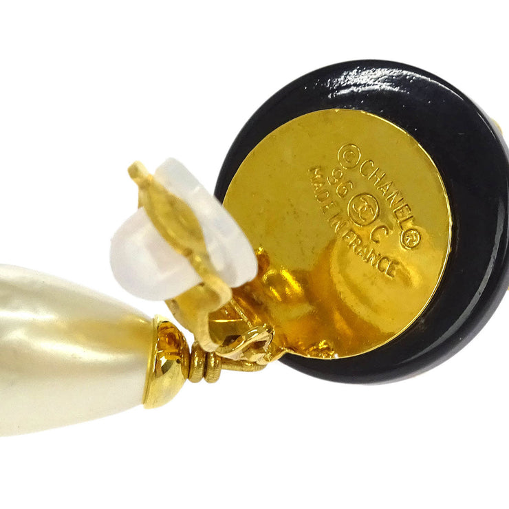 Chanel Artificial Pearl Dangle Earrings Clip-On Gold Black 96C 125133