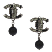 Chanel CC Earrings Clip-On Dangle Silver Black Rhinestone 10A 125206