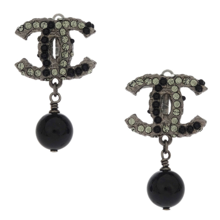 Chanel CC Earrings Clip-On Dangle Silver Black Rhinestone 10A 125206