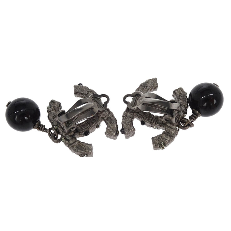 Chanel CC Earrings Clip-On Dangle Silver Black Rhinestone 10A 125206