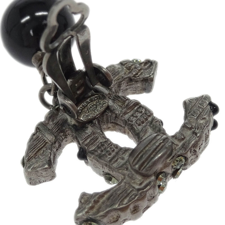 Chanel CC Earrings Clip-On Dangle Silver Black Rhinestone 10A 125206