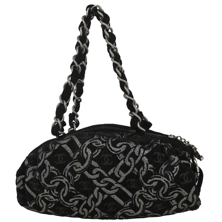 Chanel Black Silver Cotton Jacquard Chain Handbag 125255