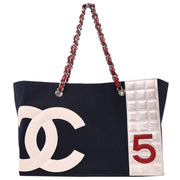 Chanel Navy Silver Canvas No.5 Choco Bar Tote Handbag 125735
