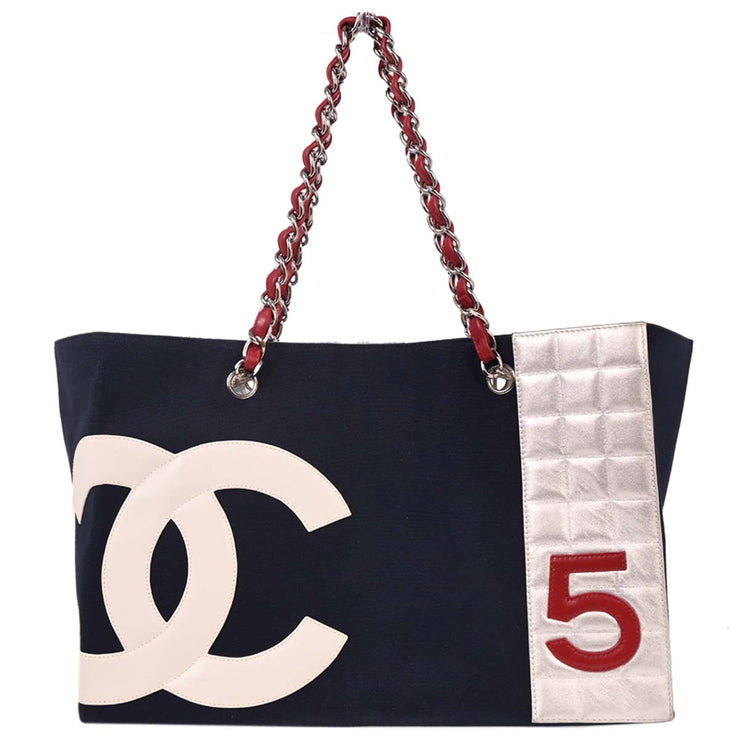 Chanel Navy Silver Canvas No.5 Choco Bar Tote Handbag 125735