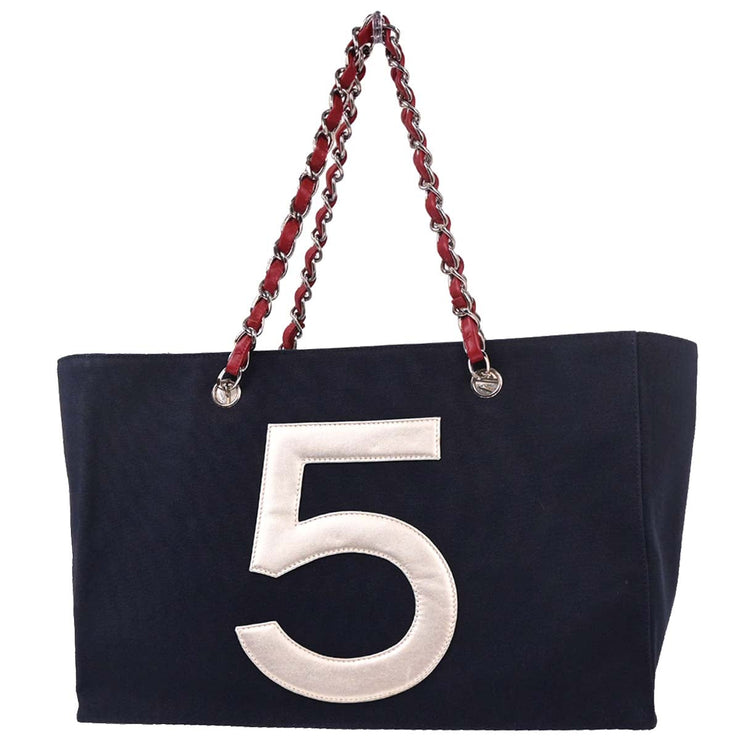 Chanel Navy Silver Canvas No.5 Choco Bar Tote Handbag 125735