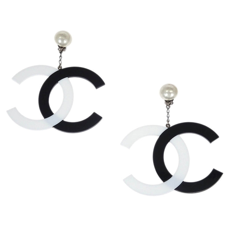 Chanel Dangle CC Earrings Clip-On Silver Artificial Pearl 96P 132193