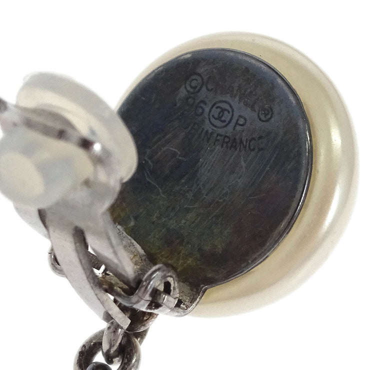 Chanel Dangle CC Earrings Clip-On Silver Artificial Pearl 96P 132193