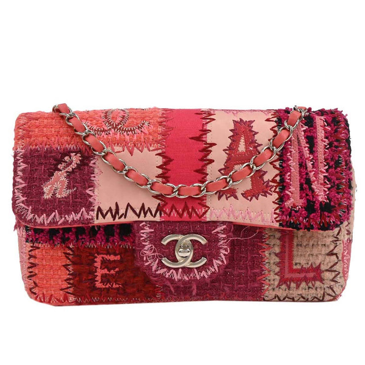 Chanel Pink Tweed Single Flap Patchwork Shoulder Bag 134656