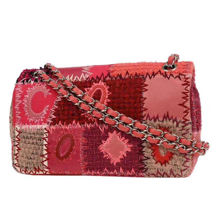 Chanel Pink Tweed Single Flap Patchwork Shoulder Bag 134656