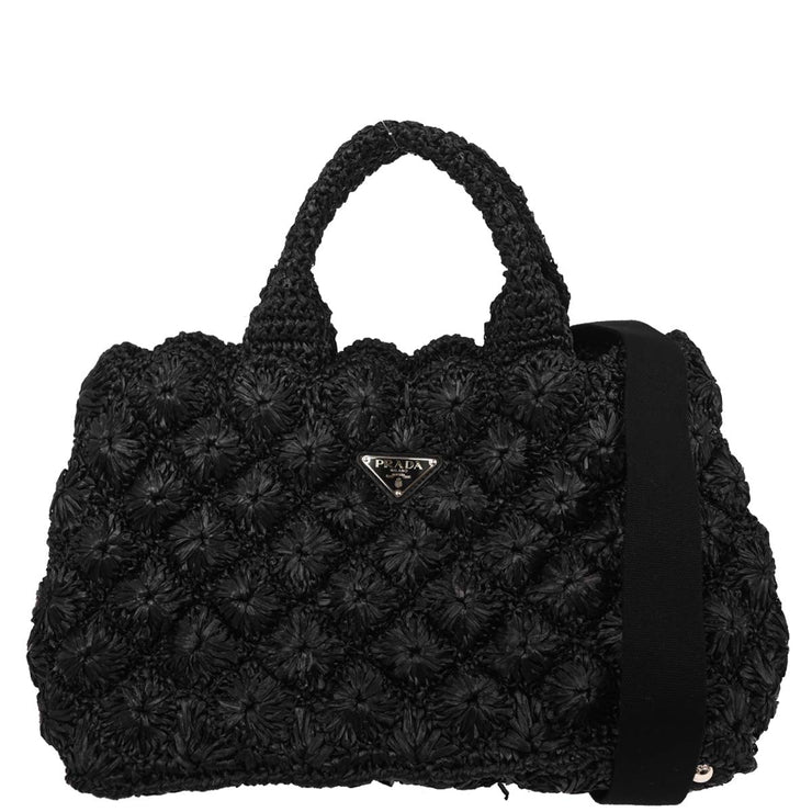 Prada Black Raffia Canapa Tote Handbag L/7 134661