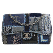 Chanel Blue Tweed Tweed Single Flap Patchwork Shoulder Bag 134674