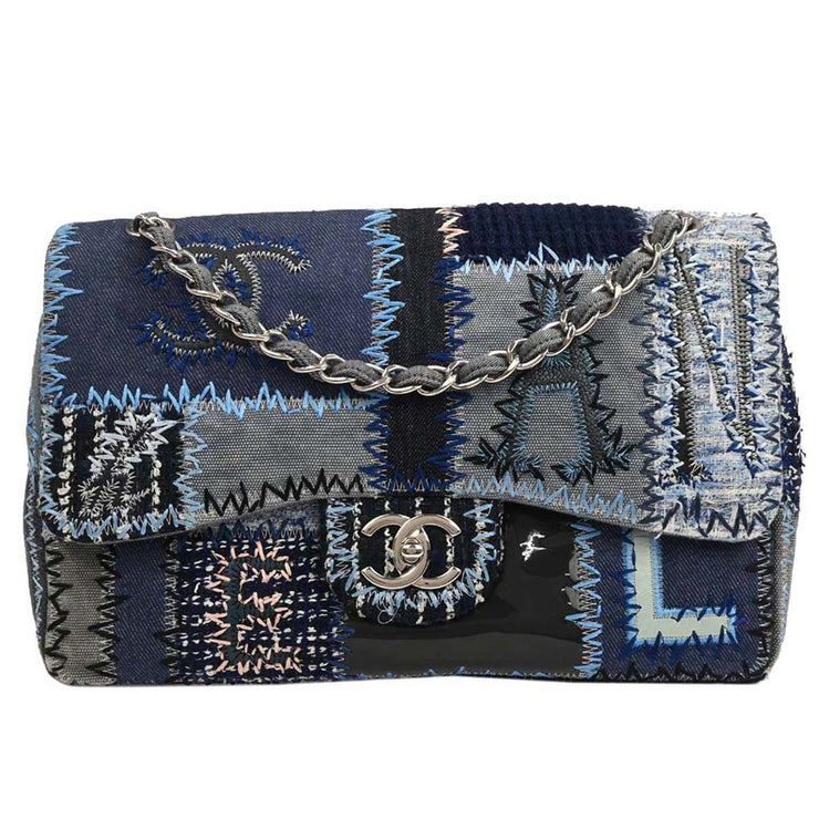 Chanel Blue Tweed Tweed Single Flap Patchwork Shoulder Bag 134674