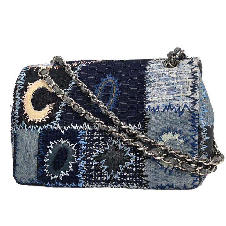 Chanel Blue Tweed Tweed Single Flap Patchwork Shoulder Bag 134674