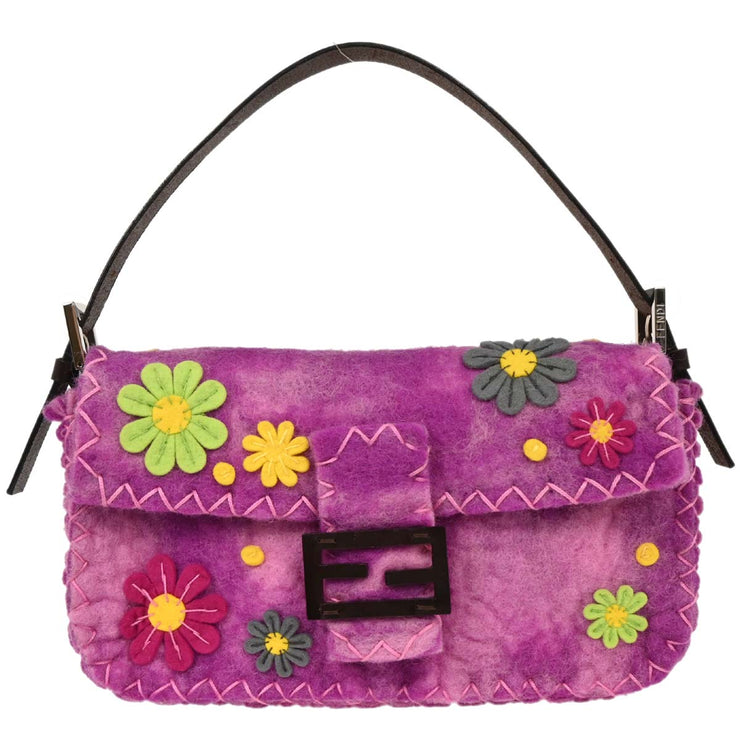 Fendi Purple Wool Floral Baguette Handbag 134782