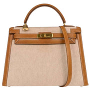 Hermes Beige Gold Toile H Pigskin Kelly 32 Sellier Handbag  Circle:V 15X 134797