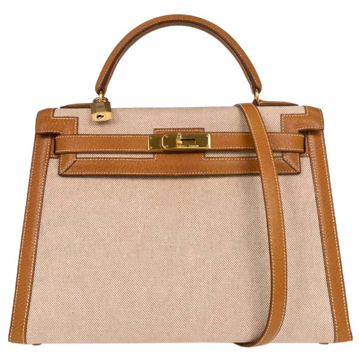 Hermes Beige Gold Toile H Pigskin Kelly 32 Sellier Handbag  Circle:V 15X 134797