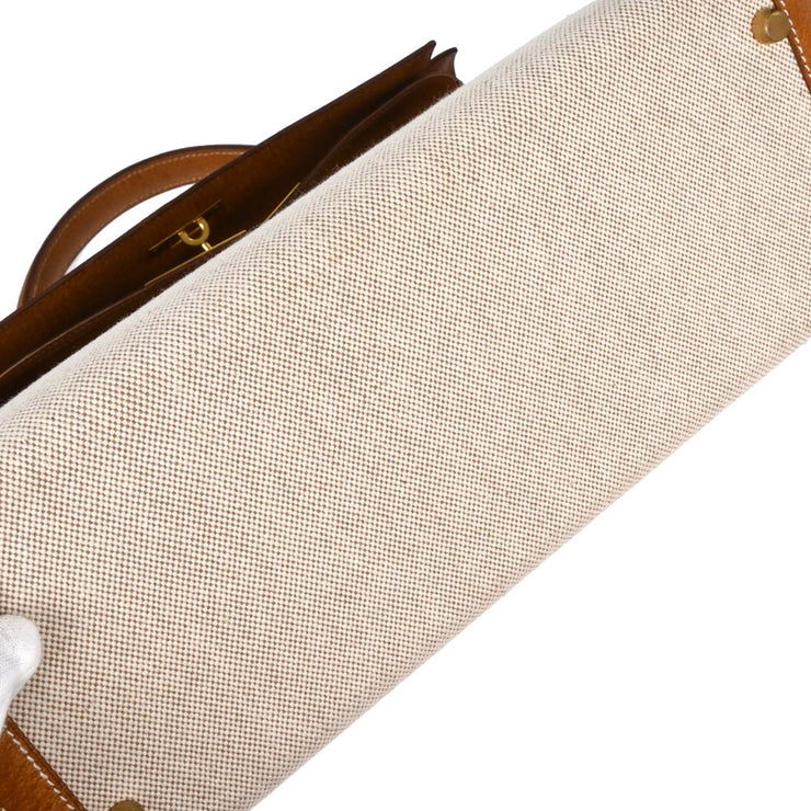 Hermes Beige Gold Toile H Pigskin Kelly 32 Sellier Handbag  Circle:V 15X 134797