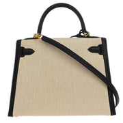 Hermes Beige Black Toile H Box Calf Kelly 28 Sellier 2way Handbag 30 Square:F 134840