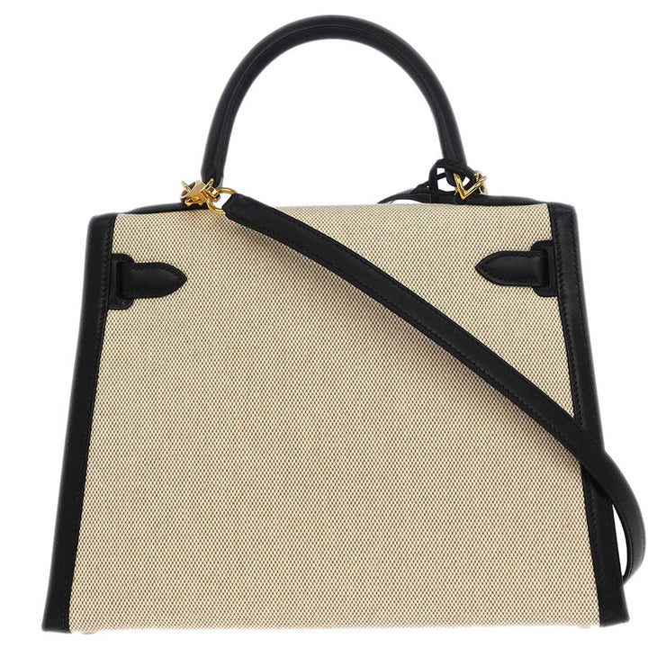 Hermes Beige Black Toile H Box Calf Kelly 28 Sellier 2way Handbag 30 Square:F 134840