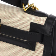 Hermes Beige Black Toile H Box Calf Kelly 28 Sellier 2way Handbag 30 Square:F 134840
