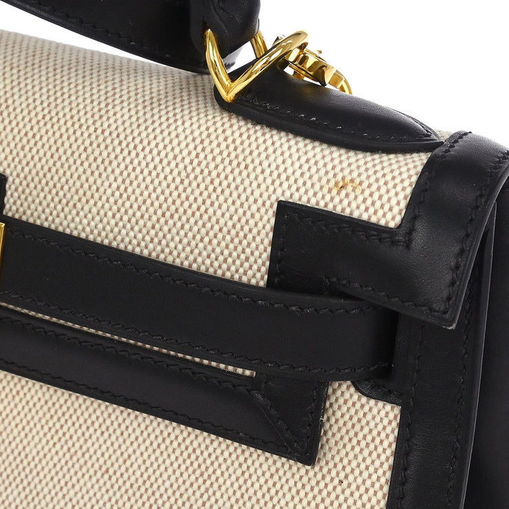 Hermes Beige Black Toile H Box Calf Kelly 28 Sellier 2way Handbag 30 Square:F 134840