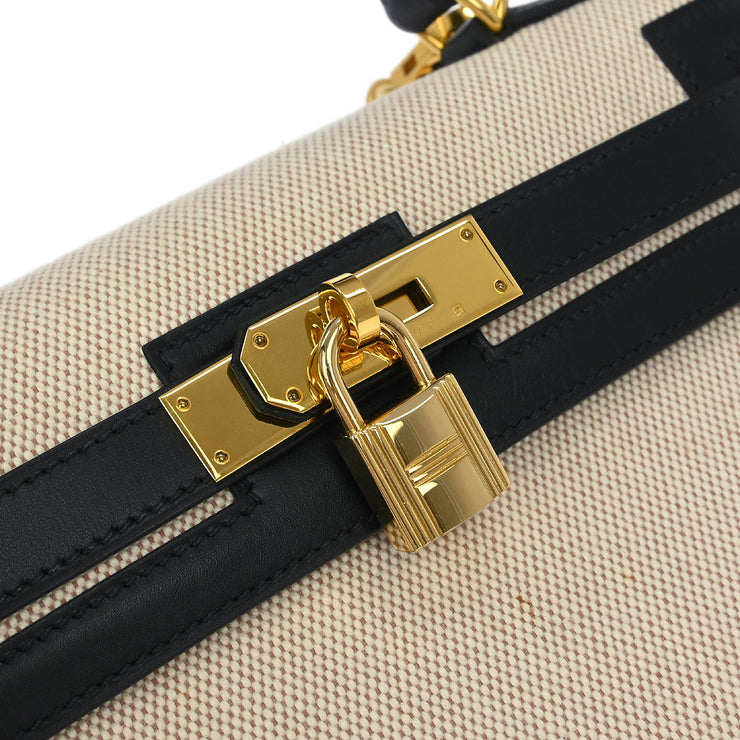 Hermes Beige Black Toile H Box Calf Kelly 28 Sellier 2way Handbag 30 Square:F 134840