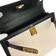 Hermes Beige Black Toile H Box Calf Kelly 28 Sellier 2way Handbag 30 Square:F 134840