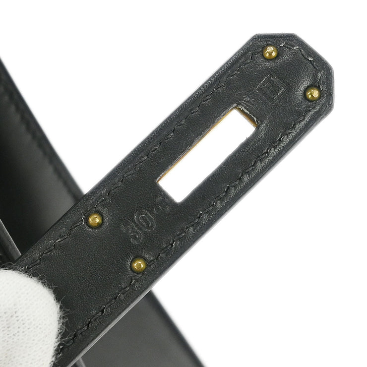 Hermes Beige Black Toile H Box Calf Kelly 28 Sellier 2way Handbag 30 Square:F 134840