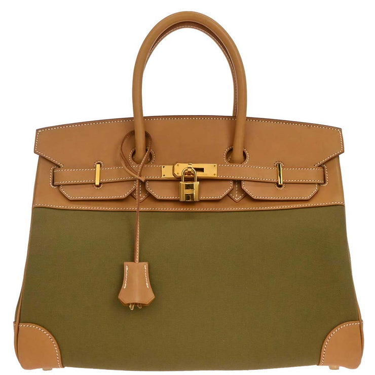 Hermes Khaki Natural Toile Officier Vache Birkin 35 Handbag 32E Square:M 134841