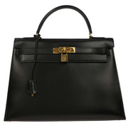 Hermes Black Box Calf Kelly 32 Sellier Handbag D Circle:L 134842