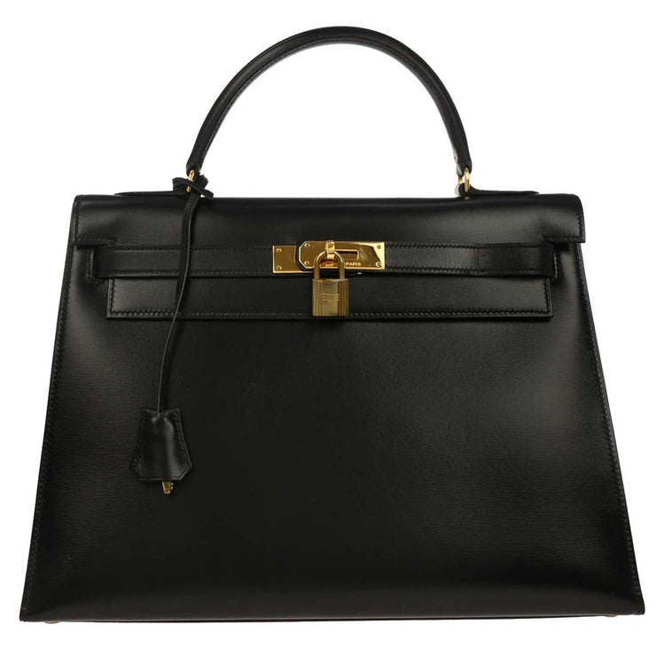 Hermes Black Box Calf Kelly 32 Sellier Handbag D Circle:L 134842