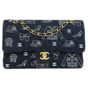 Chanel Navy Canvas Icon Medium Classic Double Flap Shoulder Bag 134986